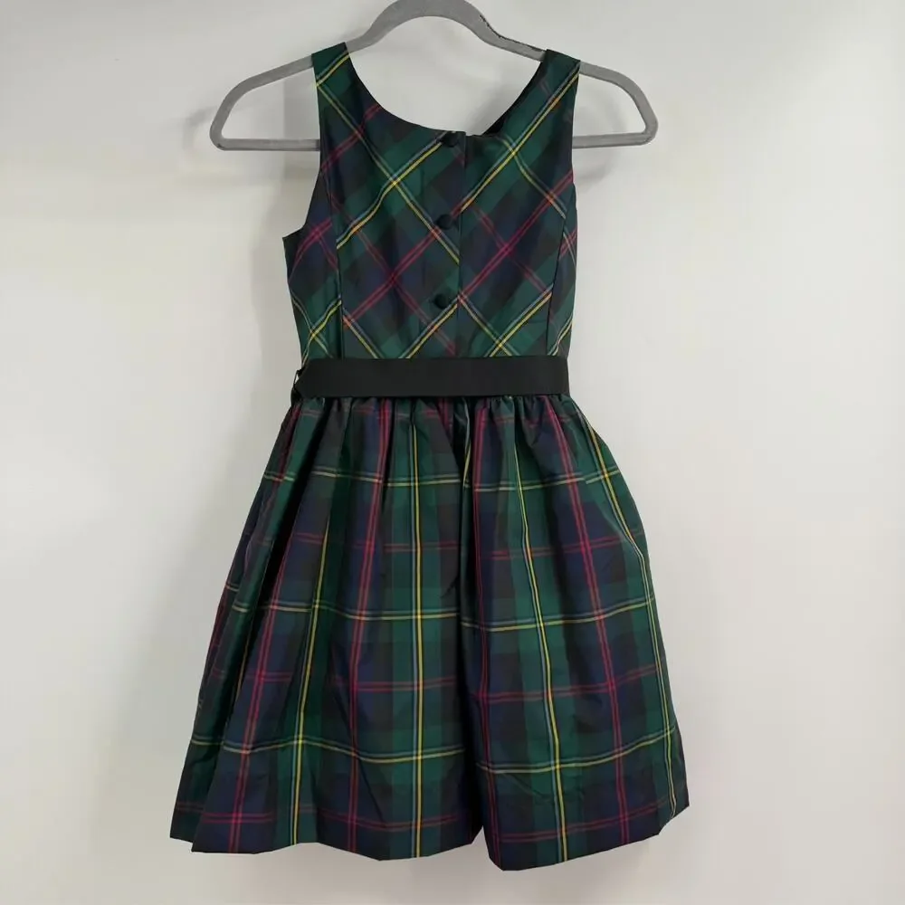Ralph Lauren Girls Dress Sz 12 Green Tartan Plaid Fit Flare Bow Preppy Holiday